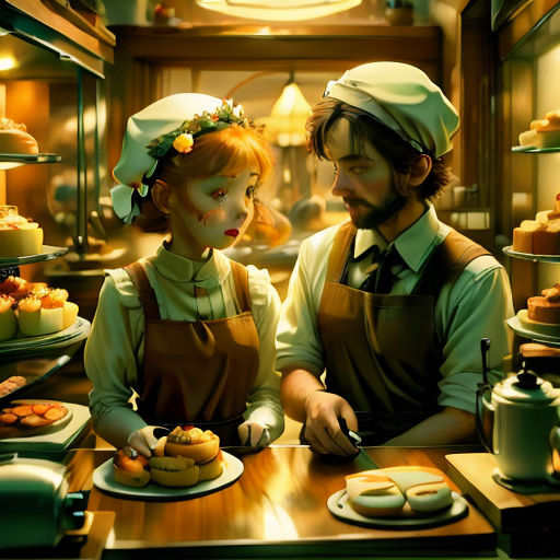 a man and a woman are standing in front of a counter with pastries on it and a tray of donuts