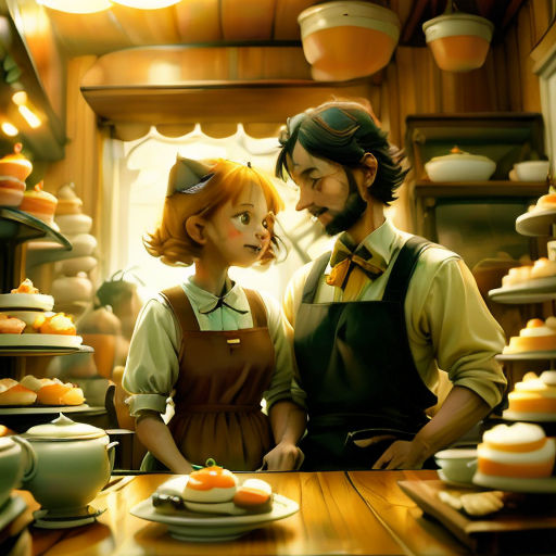 a man and a woman standing in front of a table with cakes on it and a teapot on the table