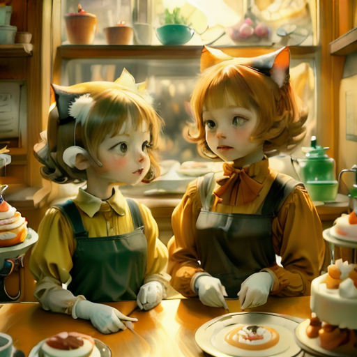 two little girls sitting at a table with cakes on it and a cat on the table behind them,