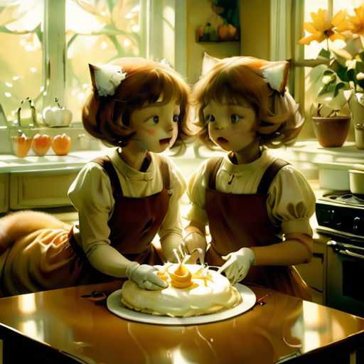 two little girls sitting at a table with a cake in front of them, with a cat on top of the cake