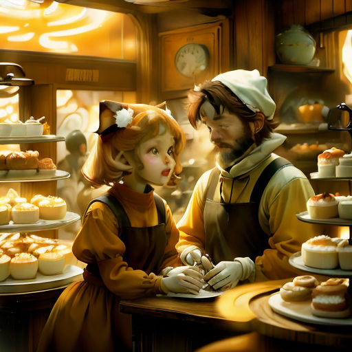 a man and a woman are standing in front of a bakery counter with pastries on it and a clock in the background