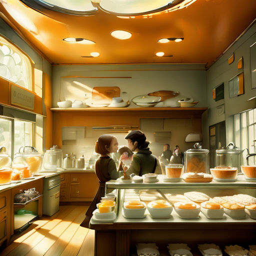 two women are standing in a kitchen with food on the counter and a skylight above them that is shining