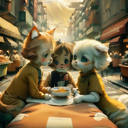 three little kids sitting at a table with a cat on it and a cat eating food from a bowl