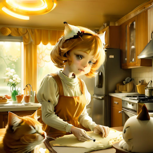 a painting of a girl cutting dough with a cat nearby on a counter top in a kitchen with a stove and a refrigerator