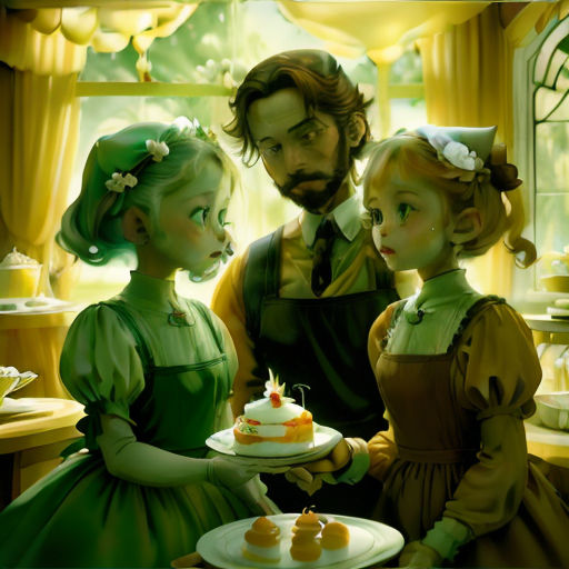 a painting of a family with a cake on a plate in front of a window with balloons and balloons
