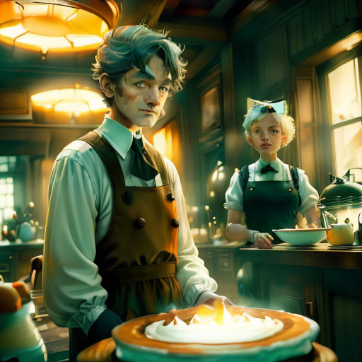 a man and a woman standing in a kitchen with a cake on a plate in front of them and a tea kettle