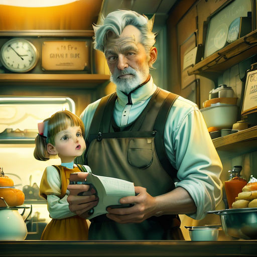 a man and a little girl are looking at a book in a kitchen with a clock in the background