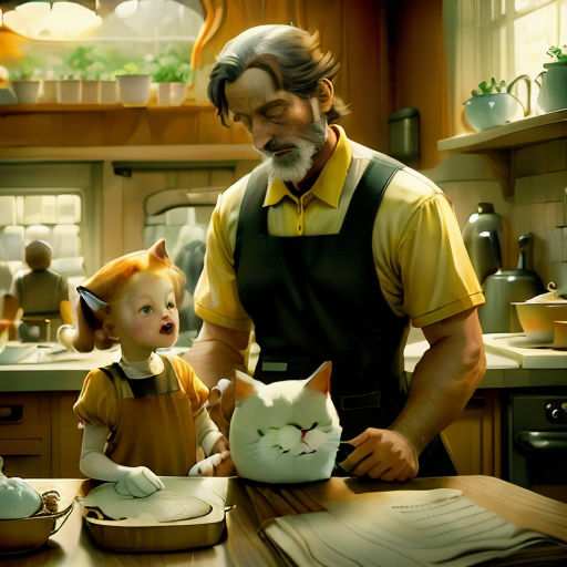 a man and a child are in a kitchen with a cat mask on the counter top and a cat head on the counter