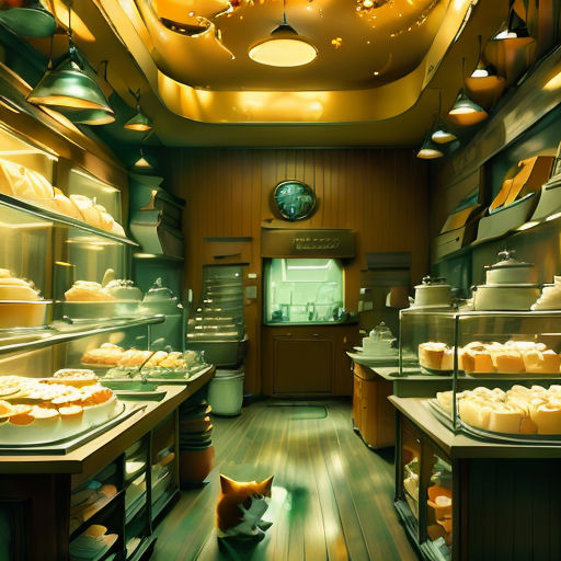 a cat sitting in a room with a lot of food on the shelves and shelves on the wall and a ceiling