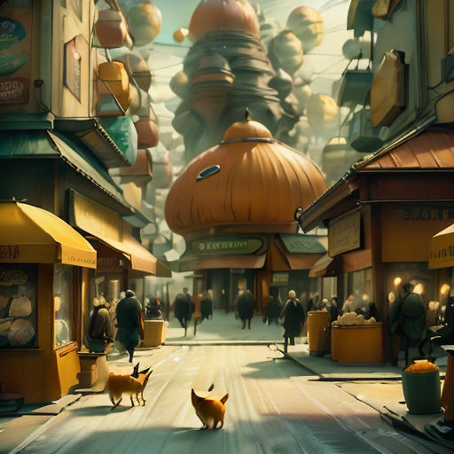 a dog walking down a street next to a store front with a sky background and a sky filled with balloons