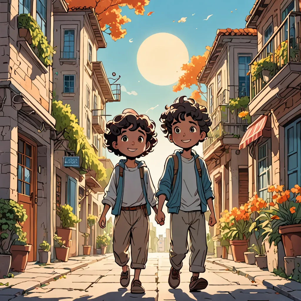 two people walking down a street in front of a building with flowers on it and a full moon in the sky, lyco art, a comic book panel, Brothers Hildebrandt, rossdraws global illumination