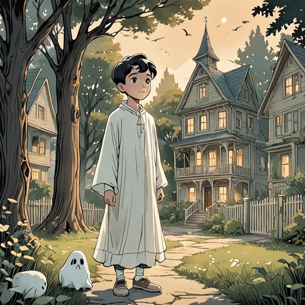 a boy standing in front of a house with a ghost dog nearby on a path in front of him, paris school, a storybook illustration, Cliff Childs, yukito kishiro