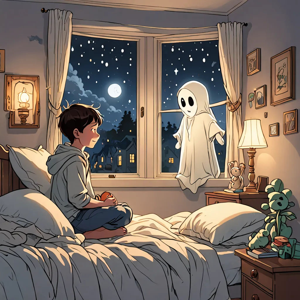 a boy sitting on a bed looking out a window at a ghost hanging from the ceiling above him and a stuffed animal on the bed, romanticism, a comic book panel, Atey Ghailan, anime art
