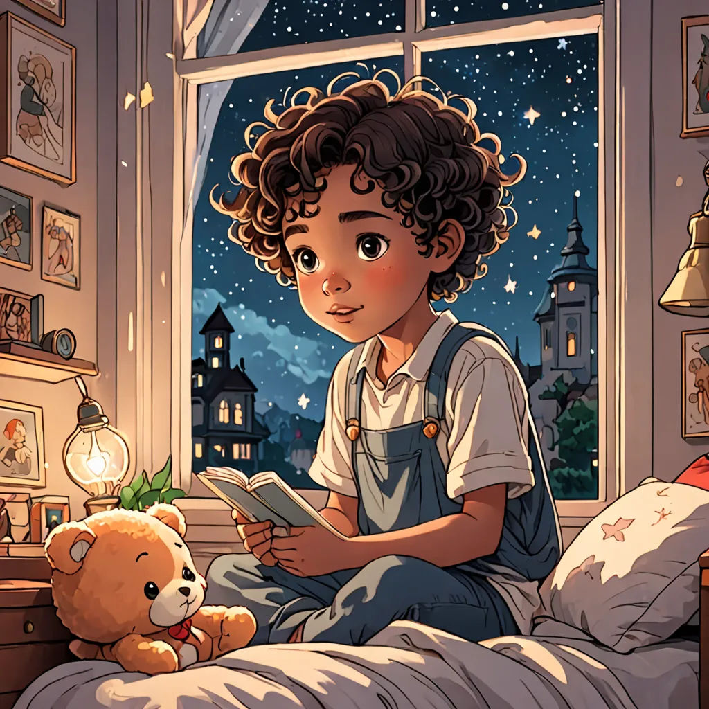 a boy sitting on a bed reading a book next to a teddy bear and a window with a night sky outside, fantasy art, a storybook illustration, Diego Gisbert Llorens, storybook illustration