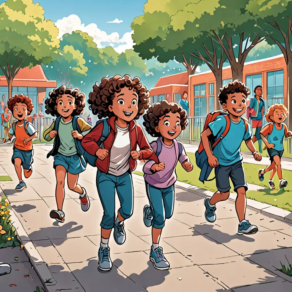 a group of children running down a sidewalk in a park with a school building in the background and trees, paris school, a comic book panel, Asaf Hanuka, comic cover art