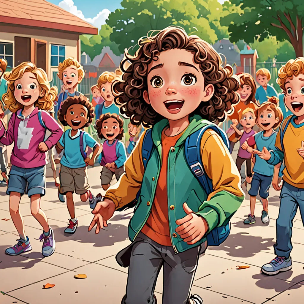 a group of children standing on a sidewalk with a boy in a backpack pointing at them with a surprised look on his face, paris school, a storybook illustration, Diego Gisbert Llorens, official art
