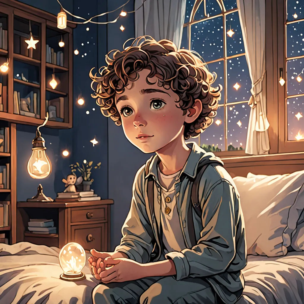 a boy sitting on a bed with a light in his hand and a bookcase in the background with a window, fantasy art, a storybook illustration, Aaron Jasinski, rossdraws global illumination