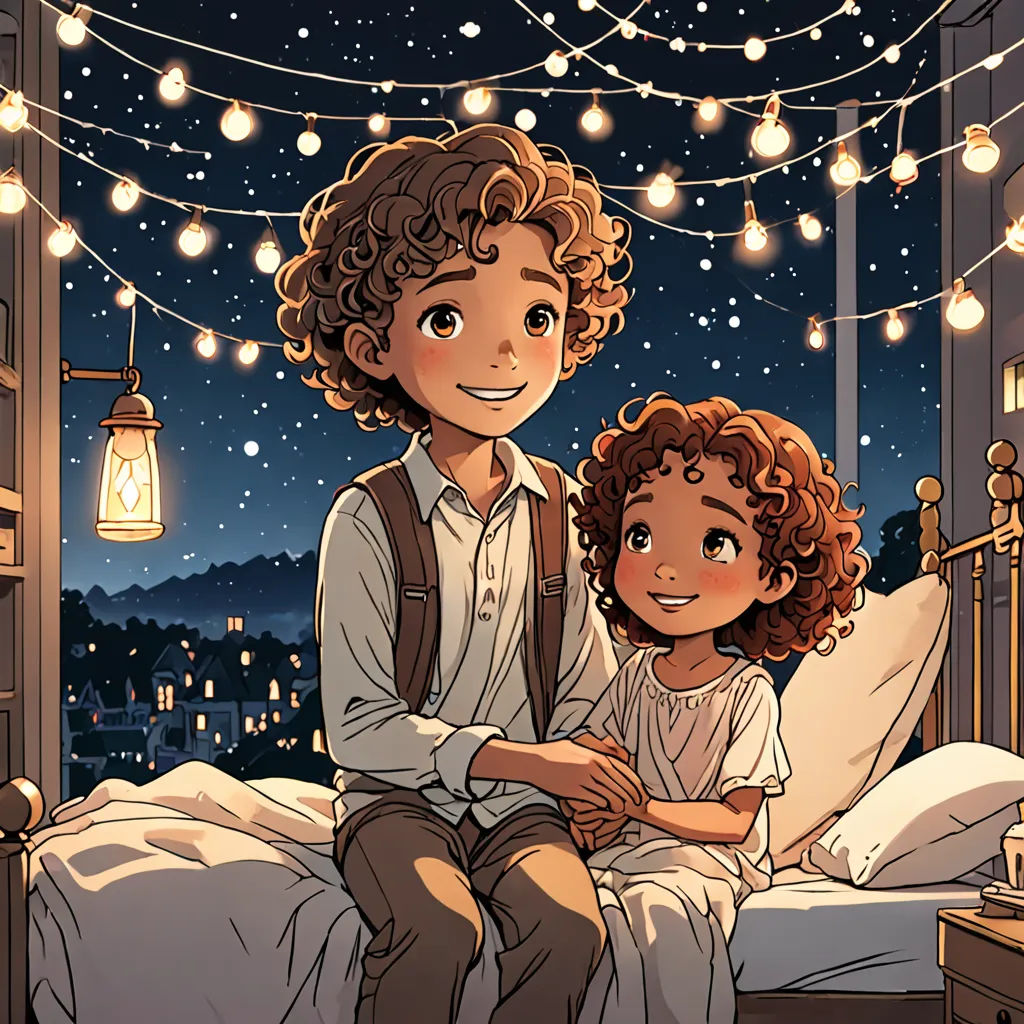 a man and a little girl sitting on a bed under a string of lights in a room with a view of the city, neo-romanticism, a storybook illustration, Cliff Childs, fireflies