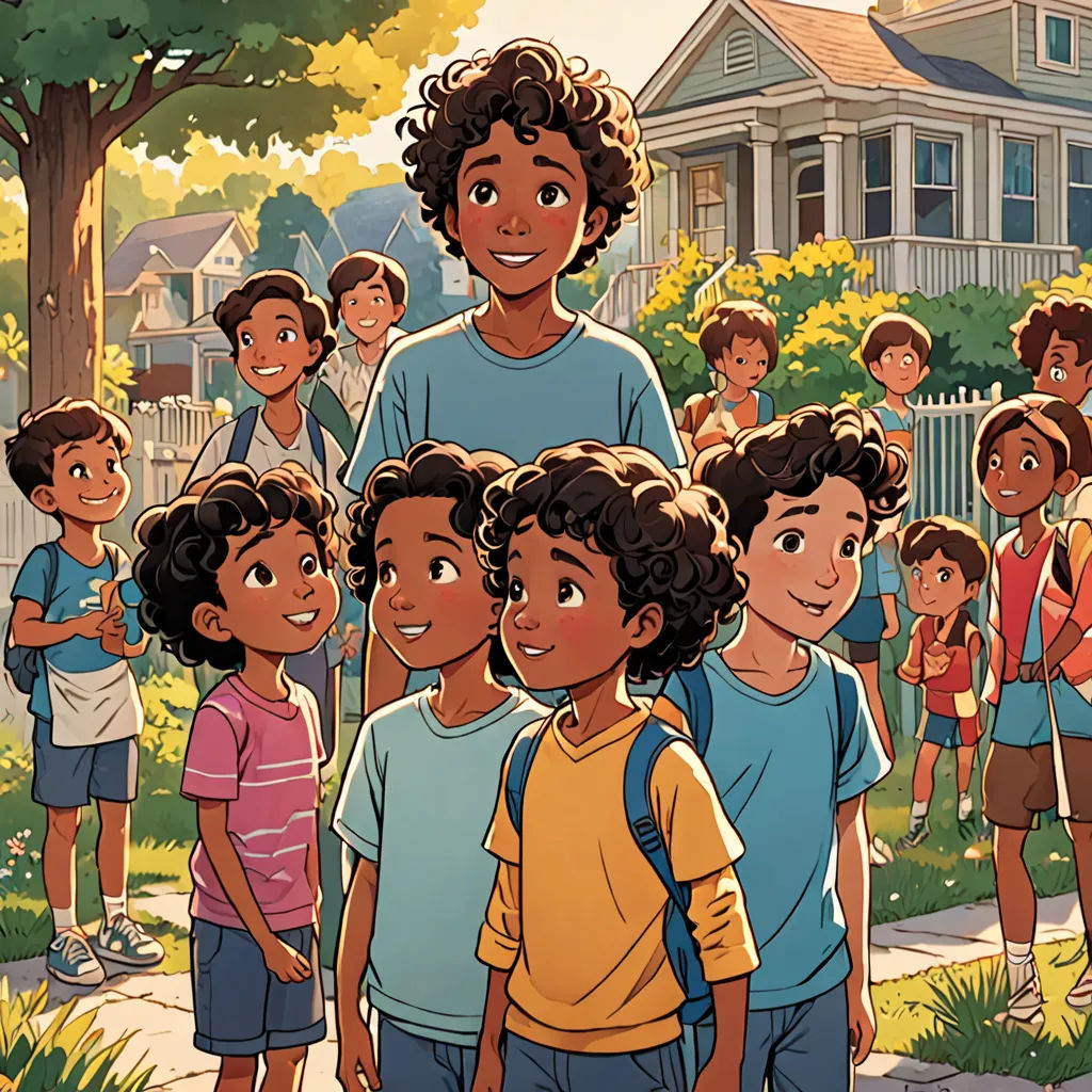 a cartoon of a man standing in front of a group of children in a neighborhood with a house in the background, vancouver school, a storybook illustration, Chris LaBrooy, official art