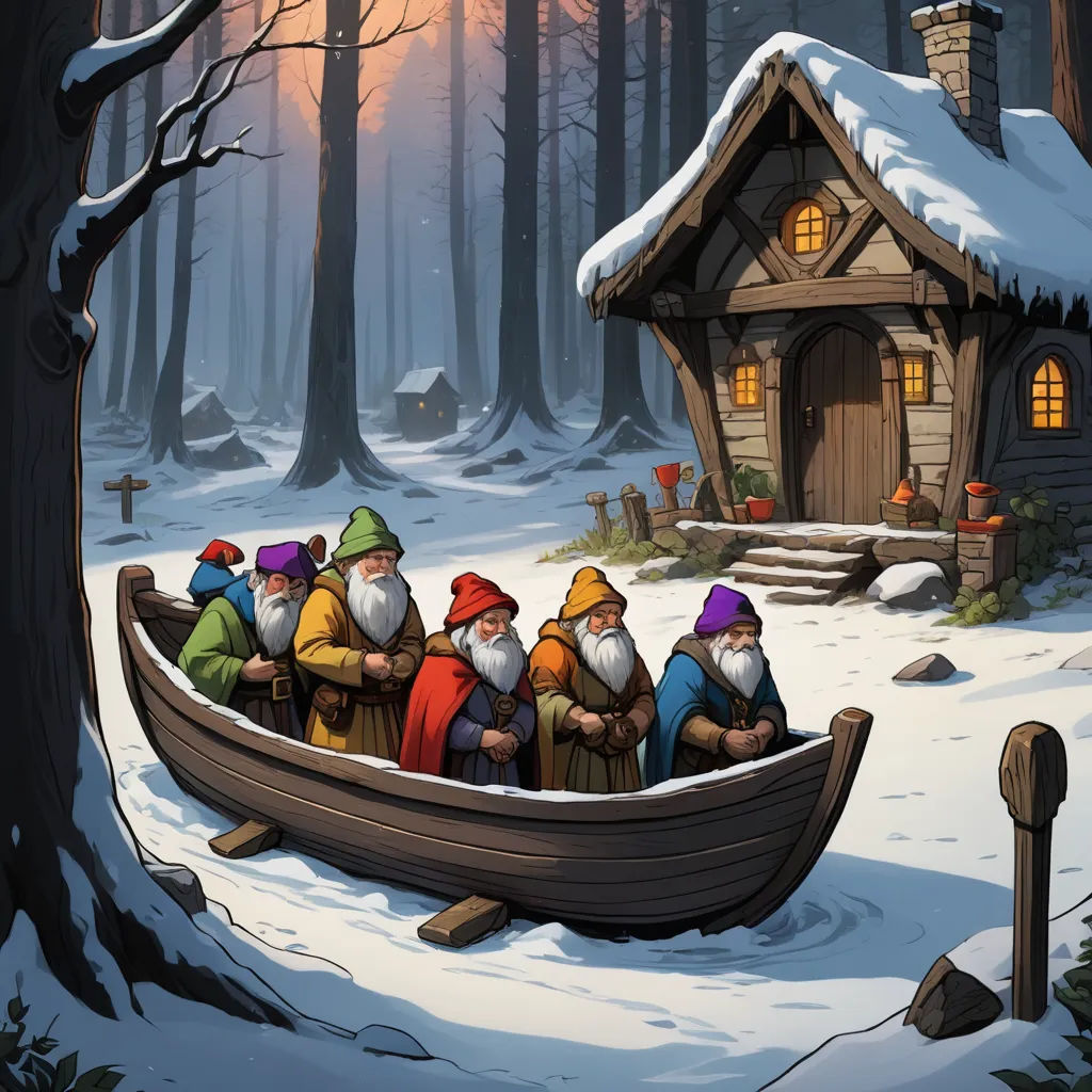a group of people in a boat in the snow near a cabin in the woods with a snow covered roof, fantasy art, a storybook illustration, Dan Mumford, storybook illustration