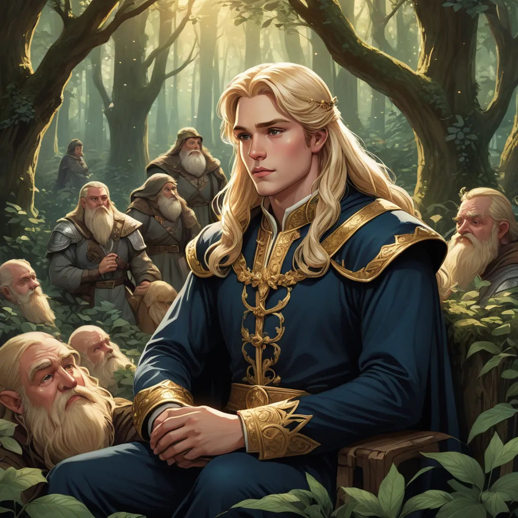 a painting of a woman sitting in a forest with a group of dwarfs behind her and a man in a blue suit, fantasy art, a detailed painting, Donato Giancola, official art