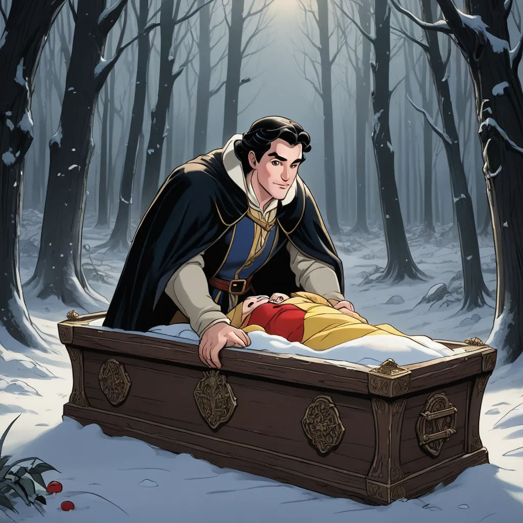 a man in a snow covered forest with a chest of snow and a woman in a gown laying on it, fantasy art, a storybook illustration, Brothers Hildebrandt, official art
