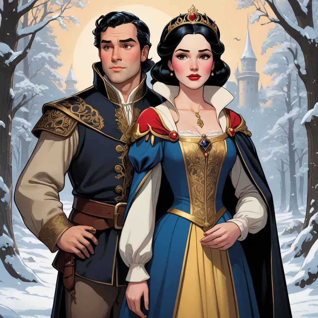 a man and woman dressed in medieval costumes standing in the snow in front of a castle with a full moon, sots art, a storybook illustration, Aramenta Dianthe Vail, official art