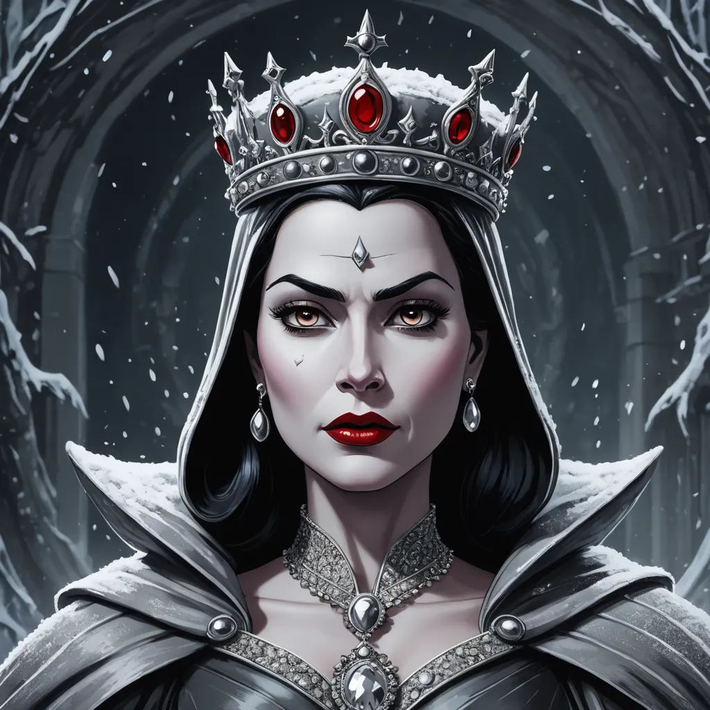 a woman wearing a crown and a tiara in a snowy forest with snow falling on her head and a red eye, gothic art, a detailed painting, Cedric Peyravernay, deviantart artstation