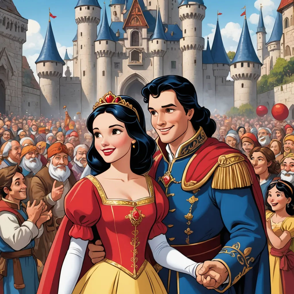 a man and woman dressed in disney costumes standing in front of a castle with a crowd of people behind them, magical realism, a storybook illustration, disney, official art