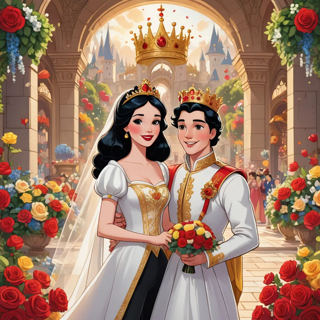 a couple dressed as disney and prince in front of a castle with roses and roses around them, and a crown on top of their heads, sots art, a storybook illustration, disney, official art