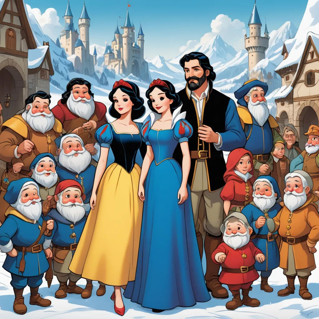 a group of snow princesses and dwarfs standing in front of a castle with snow on the ground and snow on the ground, naive art, a storybook illustration, disney, official art
