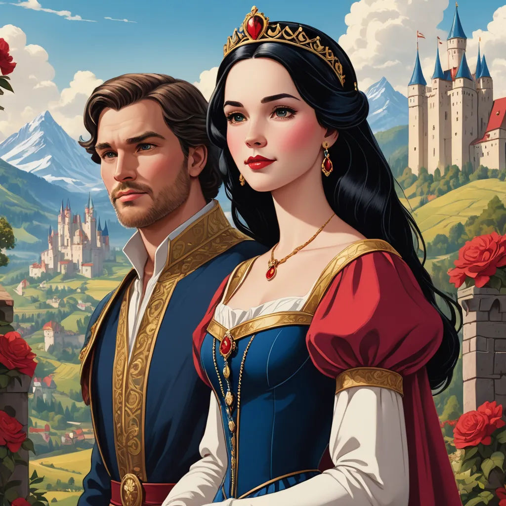 a man and woman in medieval dress standing next to each other in front of a castle with roses and mountains, fantasy art, a storybook illustration, Brothers Hildebrandt, official art