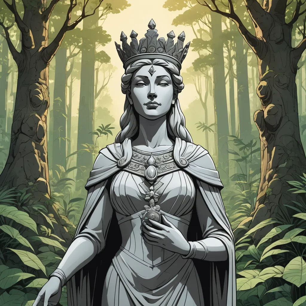 a statue of a woman in a forest with a crown on her head and a bird in her hand, sots art, a statue, Caroline Chariot-Dayez, official art