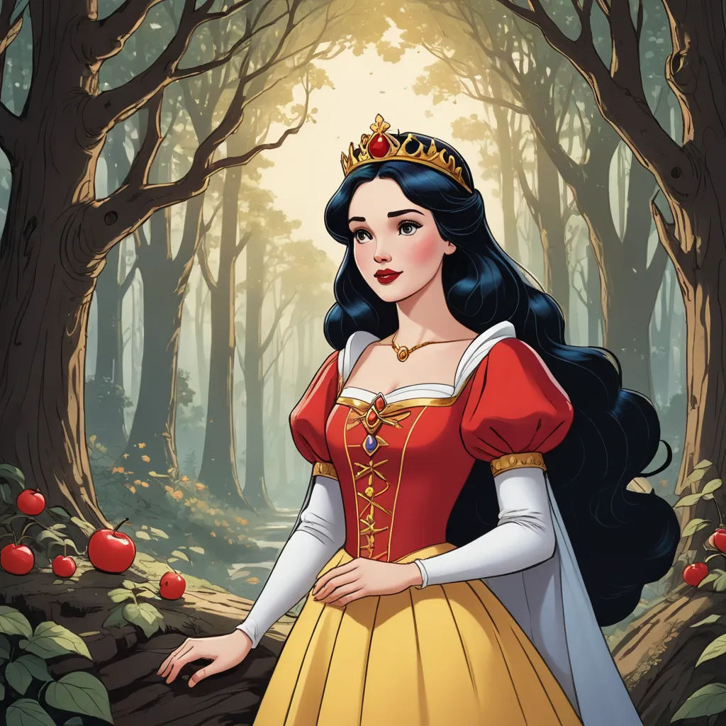 a cartoon of a woman in a red dress in a forest with apples on the ground and trees in the background, fantasy art, a storybook illustration, Aramenta Dianthe Vail, storybook illustration