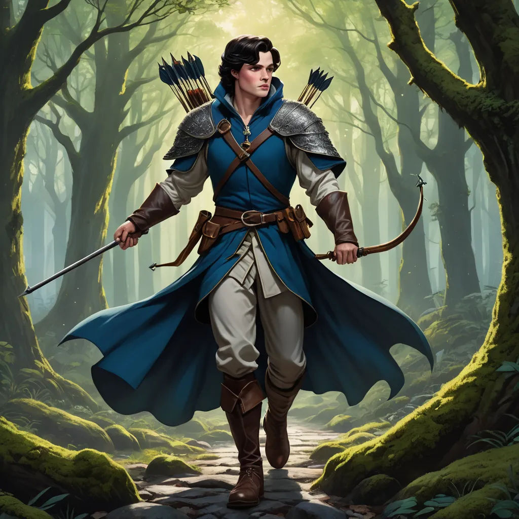 a man in a blue outfit is walking through a forest with arrows in his hands and a bow in his hand, altermodern, a character portrait, Clint Cearley, epic fantasy character art
