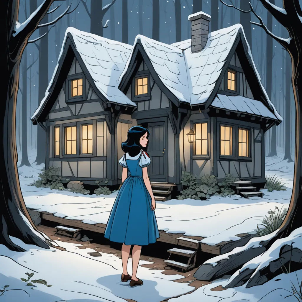 a girl in a blue dress standing in front of a house in the snow with a snow covered roof, fantasy art, a storybook illustration, Dan Mumford, comic cover art