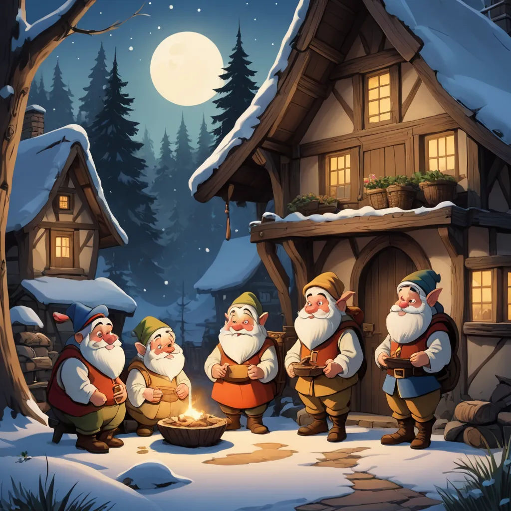 a group of gnomes standing in front of a house with a fire in the snow at night time, fantasy art, a storybook illustration, Brothers Hildebrandt, storybook illustration