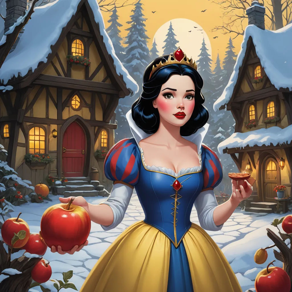 a snow princess holding a piece of fruit in front of a snow covered house with apples in front of her, fantasy art, a storybook illustration, disney, highly detailed digital painting