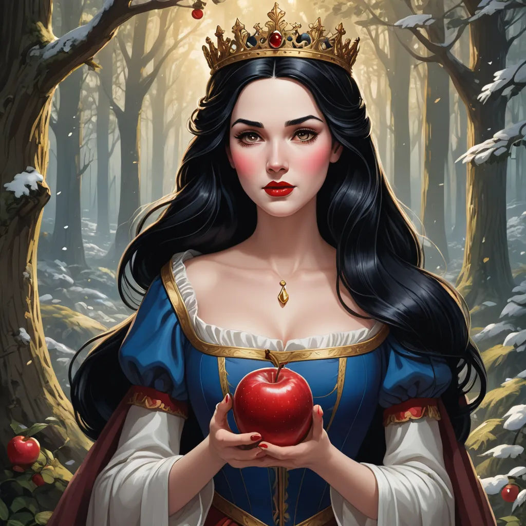 a woman in a blue dress holding an apple in a forest with trees and snow on the ground and a crown on her head, fantasy art, a detailed painting, Anne Stokes, highly detailed digital painting