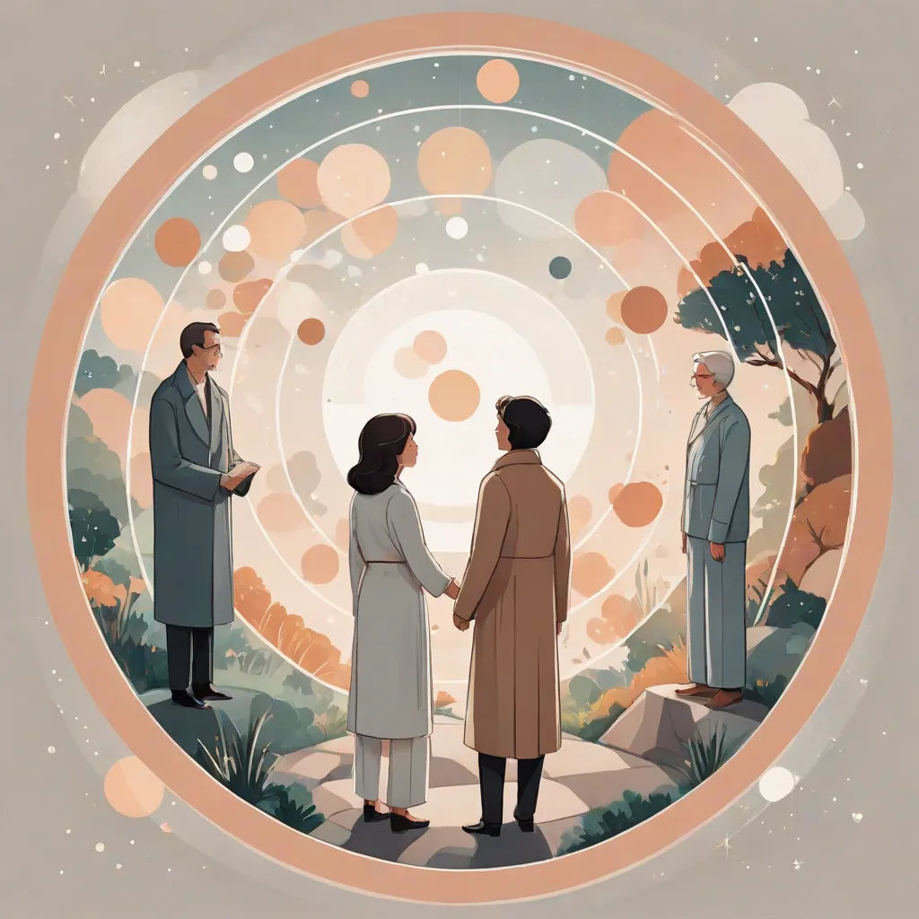 a group of people standing in front of a circular artwork with circles on it and a man in a suit, retrofuturism, a poster, Atey Ghailan, solarpunk