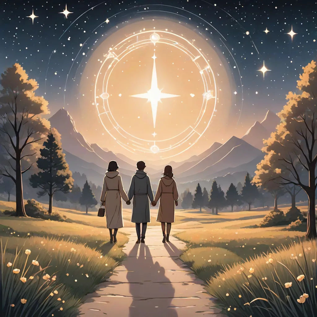 two people walking down a path towards a star filled sky with a star in the middle of the sky, fantasy art, a storybook illustration, Atey Ghailan, rossdraws global illumination