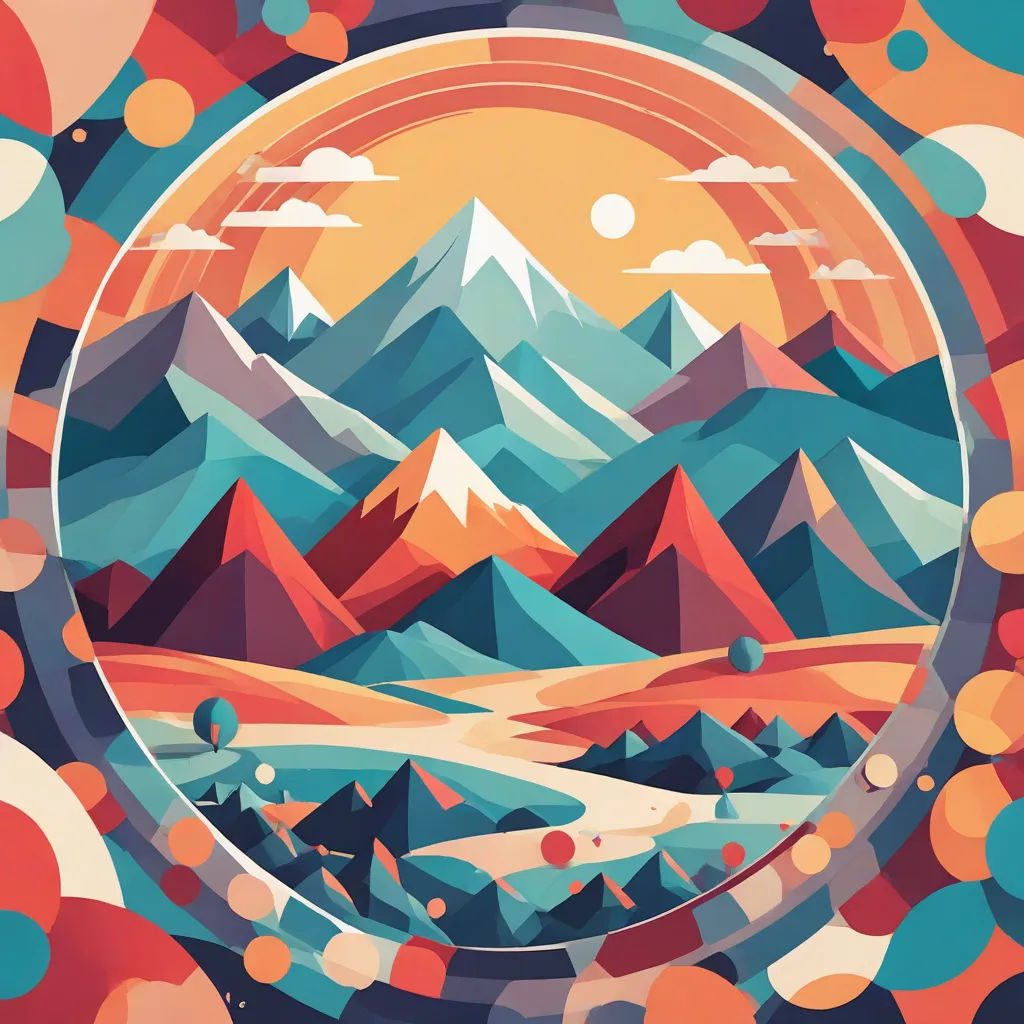 a painting of a mountain range with a circle around it that says, the mountains are covered in circles, geometric abstract art, an ultrafine detailed painting, Anton Fadeev, colorful flat surreal design