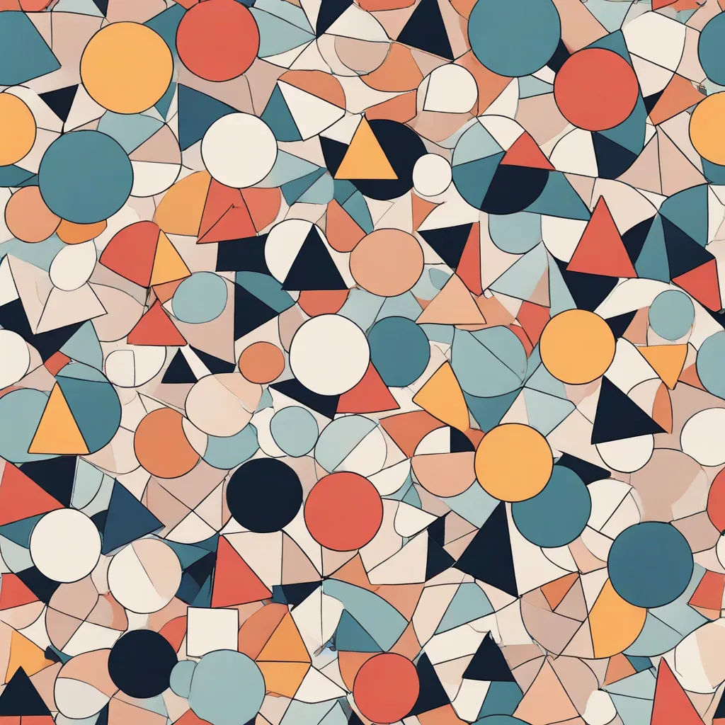 a colorful abstract background with circles and triangles in different colors and sizes, including orange, blue, and red, generative art, a jigsaw puzzle, Alfred Manessier, colorful flat surreal design