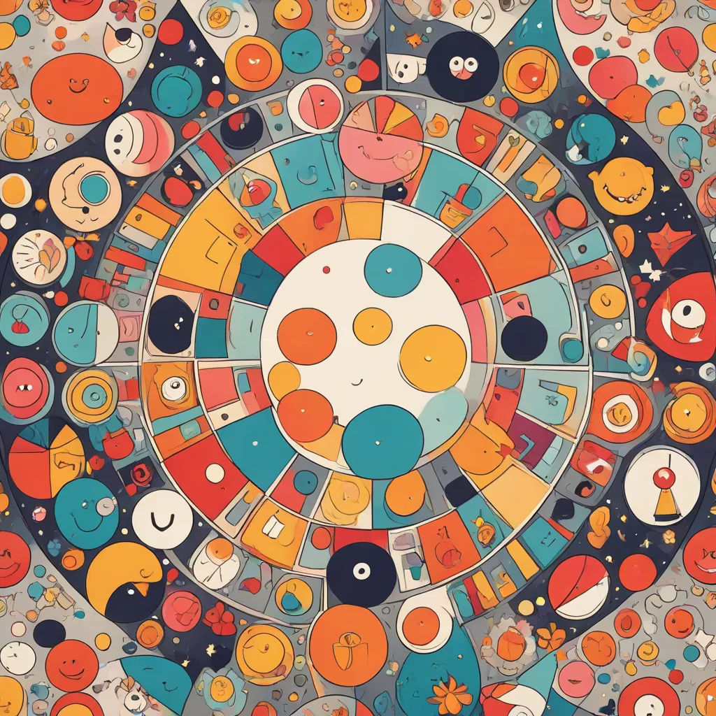 a colorful circular artwork with many different faces and shapes on it, including circles and dots, and a circular design, generative art, a jigsaw puzzle, Chris LaBrooy, game art