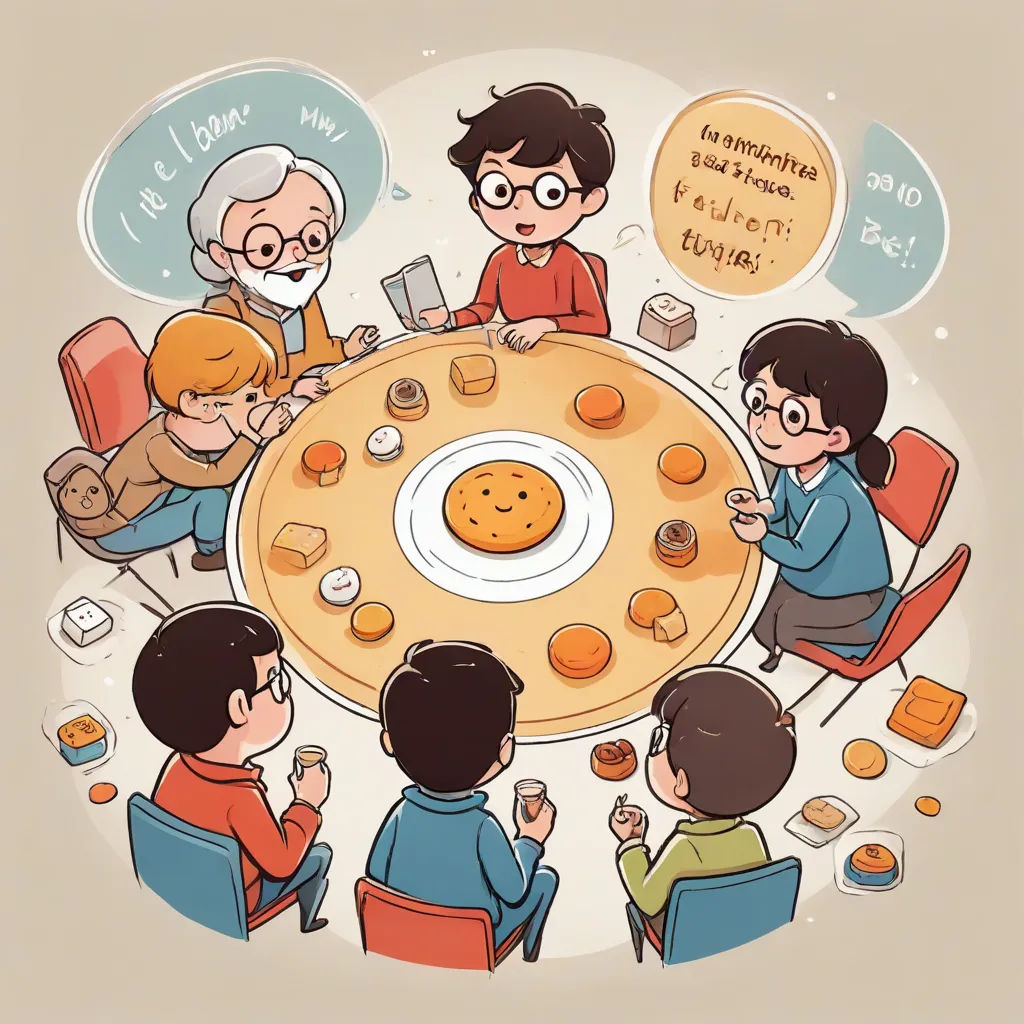 a family sitting around a table with a plate of cookies and cookies on it, and a man holding a phone, sots art, a storybook illustration, Diego Gisbert Llorens, storybook illustration