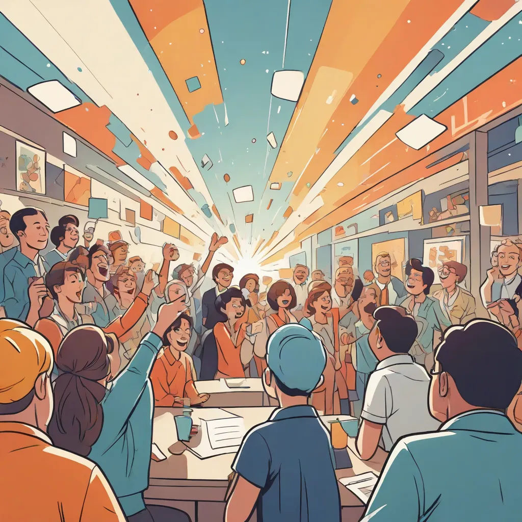 a crowd of people standing around a room filled with people and a man in a blue shirt and a woman in a red shirt, private press, a comic book panel, Diego Gisbert Llorens, detailed illustration