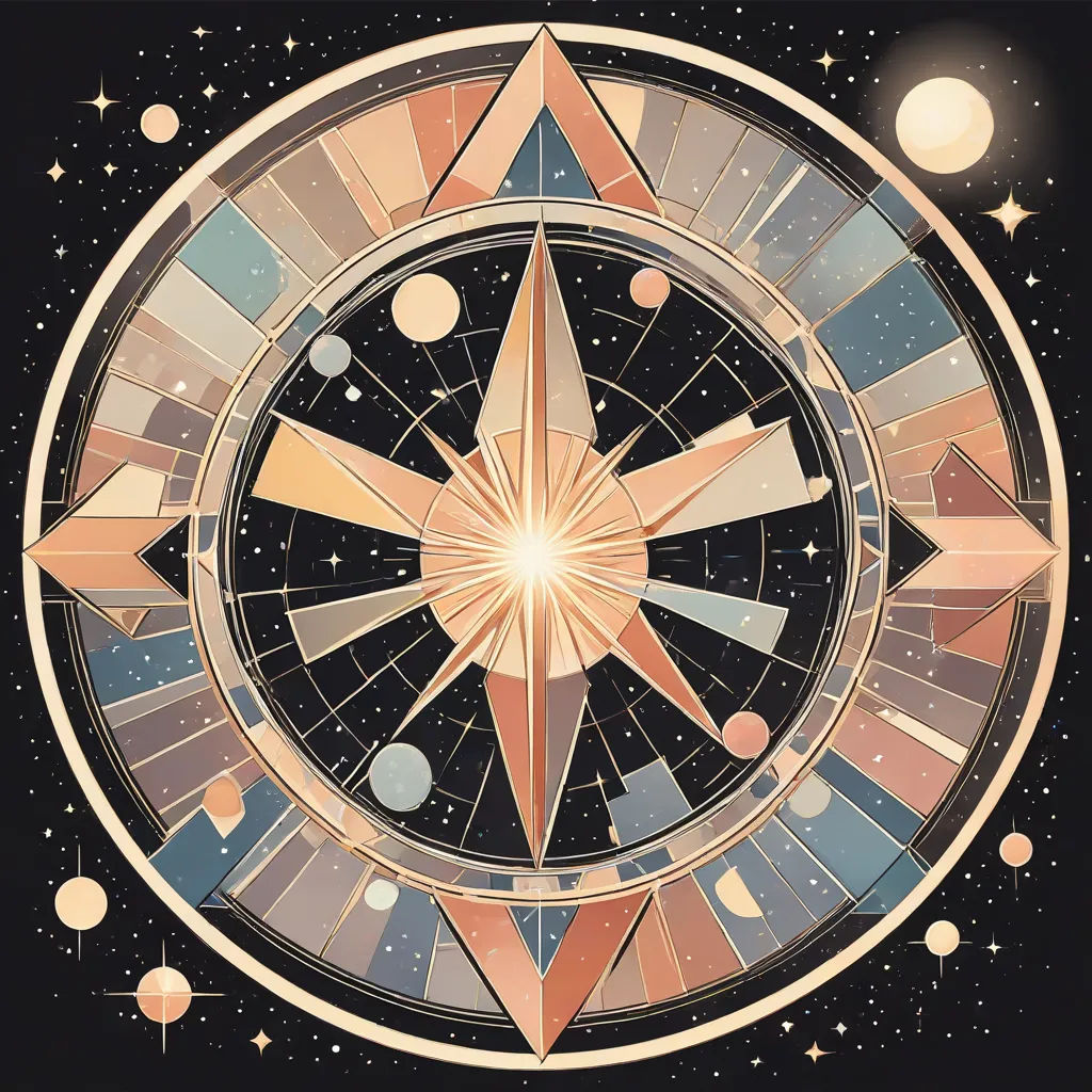 a star surrounded by many different colored shapes and sizes in the center of a circle with stars and planets around it, space art, an art deco painting, Chris LaBrooy, rossdraws global illumination