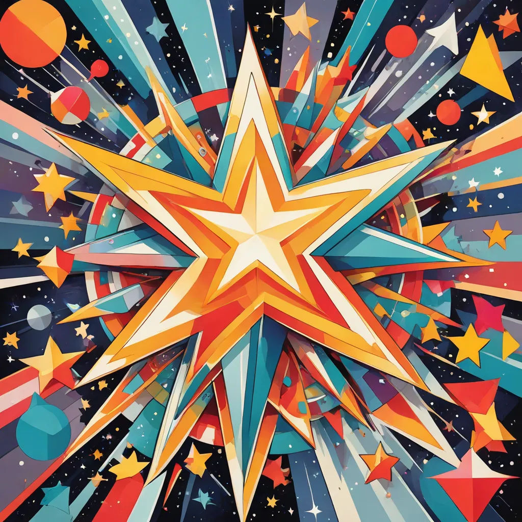 a star surrounded by stars and planets in the sky with a star burst in the middle of the image, geometric abstract art, an art deco painting, Chris LaBrooy, josan gonzales and dan mumford