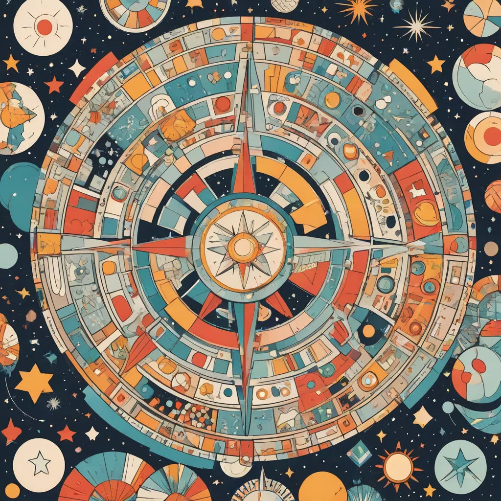 a colorful illustration of a space station surrounded by stars and planets in a circle with a compass on the center, retrofuturism, poster art, Chris LaBrooy, josan gonzales and dan mumford