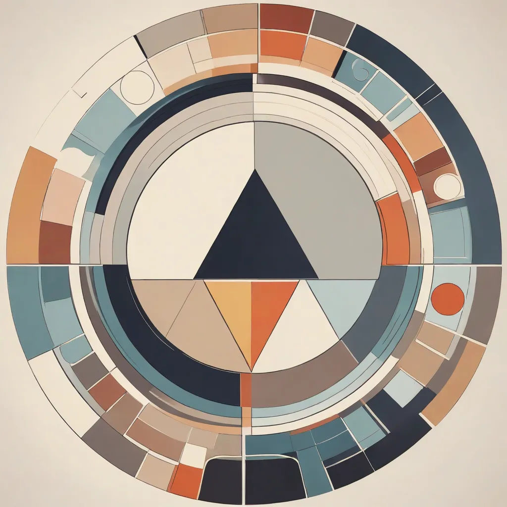 a circular design with a variety of colors and shapes in it, including a triangle and a circle of smaller shapes, geometric abstract art, an ultrafine detailed painting, Android Jones, golden ratio illustration